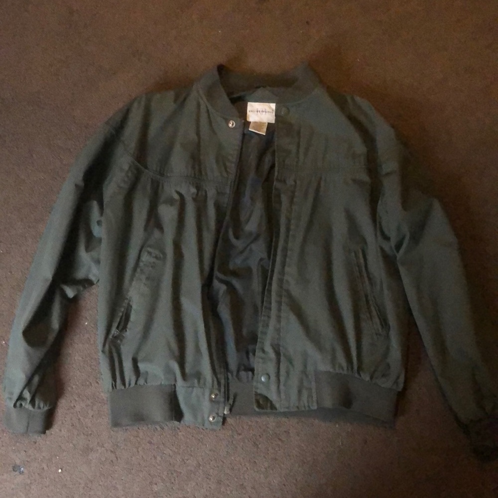 Navy green bomber zip & button up. Zipper pockets